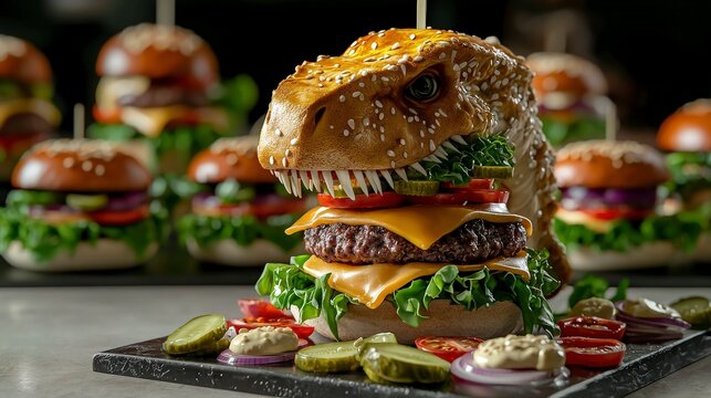 Dinosaur-themed burger creation unique food art restaurant indoor dining close-up view creative culinary concept