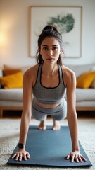 Obraz premium Athletic woman performs plank exercise on yoga mat in bright indoor room for fitness routine