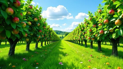 Fototapeta premium A picturesque orchard pathway lined with abundant apple trees, showcasing ripe, colorful fruit under a vibrant summer sky