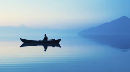 serene silhouette of person in kayak on calm water, surrounded by misty mountains