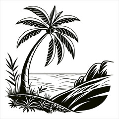 Obraz premium Tropical palm silhouettes frame a summer island paradise