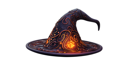 A board game token in the shape of a wizard's hat featuring ornate patterns, mystical symbols, and a subtle glow, presented on a white background, high resolution PNG