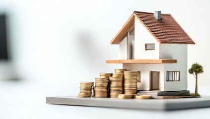 Miniature House Surrounded by Stacked Coins Representing Investment and Wealth