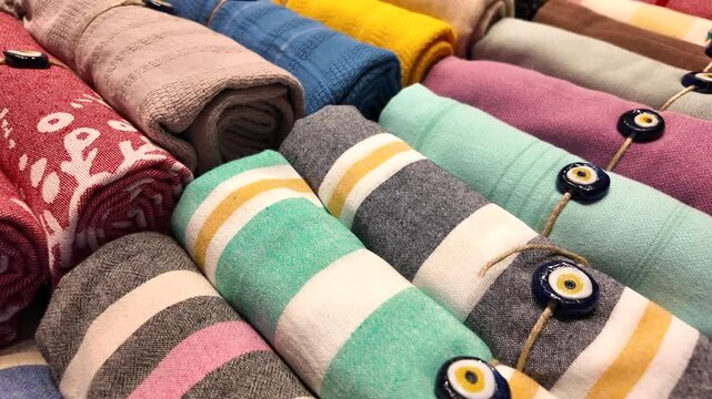 Colorful rolled turkish bath towel 