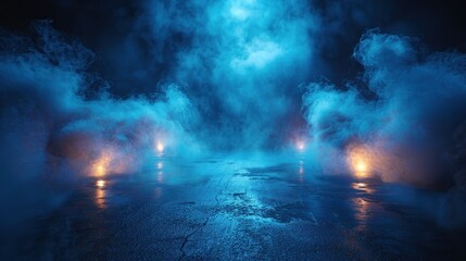 Night road scene, fog, vibrant lighting, urban
