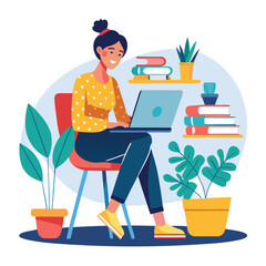 a woman is using his laptop sitting on a chair looking in the laptop  colourful vector on a white background