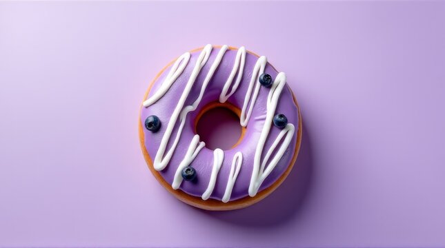 Blueberry Frosted Donut with White Drizzle and Fresh Blueberries on Lavender Background