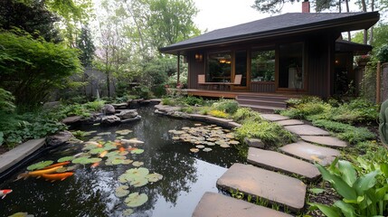 Obraz premium 37. A garden house with a tranquil koi pond and a stone pathway leading to it