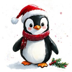 Fototapeta premium Adorable Christmas Penguin in Santa Hat and Scarf. A charming illustration perfect for holiday cards, decorations, and children's books.