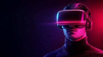 A person wearing a virtual reality (VR) headset, with a neon light background. This represents the concept of virtual reality. The image depicts a holographic virtual reality scene.