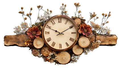 A functional resin art wall clock with embedded natural elements like wood slices and dried flowers, combining utility with aesthetic appeal, set against a white background, high resolution PNG