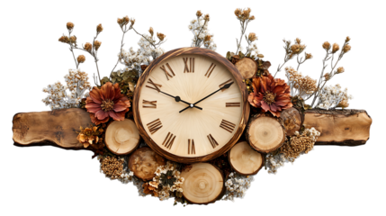 A functional resin art wall clock with embedded natural elements like wood slices and dried flowers, combining utility with aesthetic appeal, set against a white background, high resolution PNG