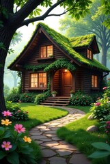 Fototapeta premium A Charming Log Cabin Retreat with a Lush Green Roof, Nestled Amidst Vibrant Blossoms and a Winding Stone Path
