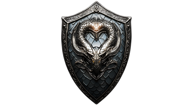 A hyper-detailed cosplay prop shield with a dragon motif, featuring embossed scales, intricate metalwork, and luminous inlays, on a white background, high resolution PNG