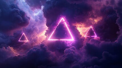 Bright purple neon triangles floating in dark clouds, casting mysterious light in the stormy atmosphere 