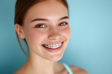 Cheerful young woman displays a wide smile with braces, highlighting her straightening teeth on a soft blue backdrop. Her joyful expression radiates confidence and positivity