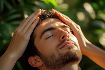 Bearded man gets head massage with sunlight and blurred green plants. It is for promoting wellness, relaxation, or massage therapy services.