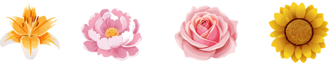 Floral Medley: A curated selection of vibrant flowers from different families, showcasing a variety of colors and textures in full bloom.