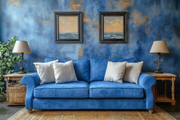 A cozy living room features a blue couch and artwork