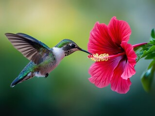 Naklejka premium Hummingbird drinking nectar from hibiscus flower