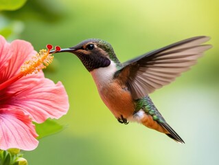 Naklejka premium Hummingbird drinking nectar from hibiscus flower