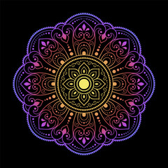 Color circular pattern in form of mandala with flower for decoration or print. Decorative ornament in ethnic oriental style. Rainbow design on black background.