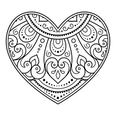 Mehndi flower pattern in form of heart for Henna drawing and tattoo. Decoration in ethnic oriental, Indian style. Valentine's day greetings. Coloring book page.