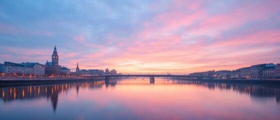 Naklejka premium Cityscape at dawn over calm water