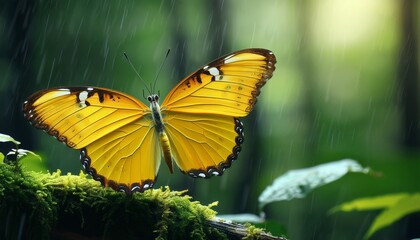 Obraz premium Yellow butterfly in the garden, it is raining day