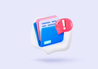 Fototapeta premium 3d folder and multimedia file management icon sign. document file work on project plan is lost. database negative report, document paperwork problem, fail warning. 3d icon vector render illustration