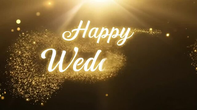Happy Wedding Golden dust glittering around white cursive script on a dark background