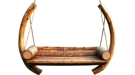 A bamboo garden swing with a curved frame, designed for relaxation in small American gardens, isolated on white background
