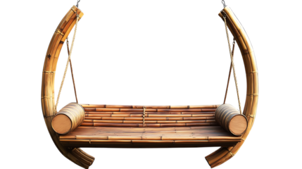 A bamboo garden swing with a curved frame, designed for relaxation in small American gardens, isolated on white background