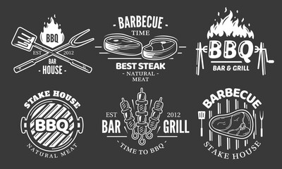 BBQ logo set isolated on black background. Grill labels vintage collections. Barbecue template with fire flame. Design elements bbq, grill, meat, kebab, fork, knife and spatula. Vector illustration