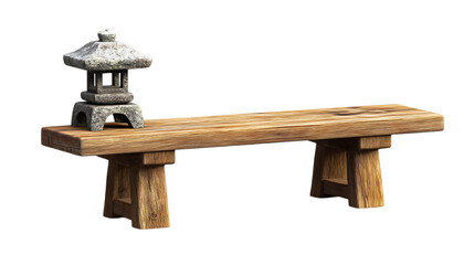 A compact Japanese garden bench made of cedarwood with a small stone lantern table, standalone on a white background, trending in USA 2025, PNG format