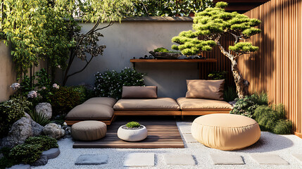 A chic Japanese garden setup with a low cedarwood sofa, cushioned ottomans, and a bonsai shelf, blending 2025 USA garden aesthetics, delivered as a PNG