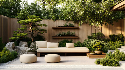 A chic Japanese garden setup with a low cedarwood sofa, cushioned ottomans, and a bonsai shelf, blending 2025 USA garden aesthetics, delivered as a PNG