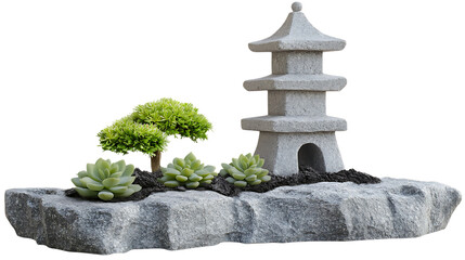 A Japanese stone pagoda planter base with hollowed sections for small succulents, carved from weathered granite, isolated on white background