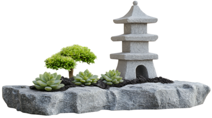 A Japanese stone pagoda planter base with hollowed sections for small succulents, carved from weathered granite, isolated on white background