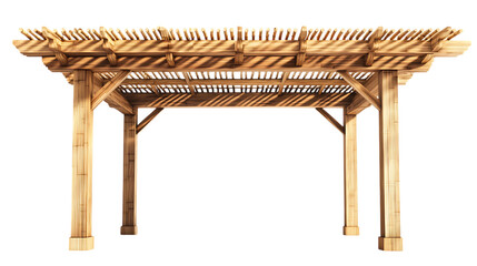 A Japanese-style pergola with a slatted bamboo roof and cedar wood posts, designed for shade in American gardens, isolated on white, high-quality PNG render