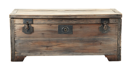 A Japanese tansu chest repurposed as a garden storage unit, made from weathered teak with a lacquered finish, isolated on white background