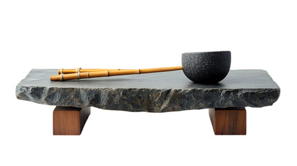 A Japanese stone tsukubai basin table with a low, wide surface and a bamboo ladle holder, carved from natural basalt, isolated on white background
