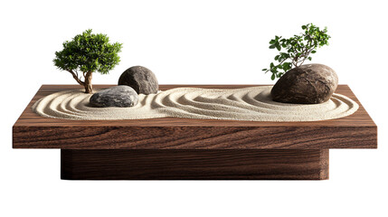 A low Japanese zen table holding a miniature rock garden with raked sand patterns, made from dark walnut wood, isolated on white background