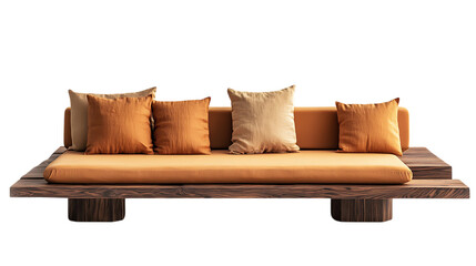 A modern Japanese garden furniture piece featuring a low wooden sofa with silk cushions, standalone on a white background