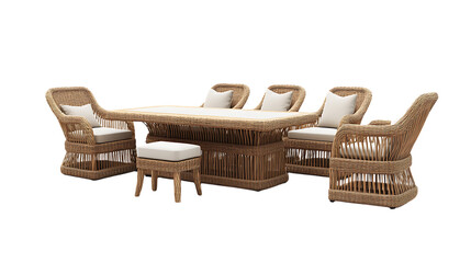 A luxurious Japanese garden dining set crafted from weather-resistant rattan and aluminum, designed to last, on a white background, popular in USA 2025, PNG output