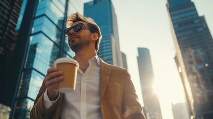 Fototapeta premium Stylish businessperson enjoying morning coffee on a vibrant city street, skyscrapers in the background, dynamic urban lifestyle