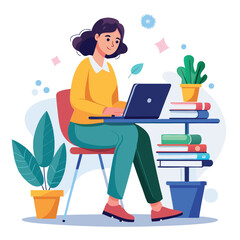 a woman is using his laptop sitting on a chair looking in the laptop  colourful vector on a white background