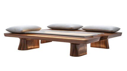 A traditional Japanese chabudai table with a glass top and LED underlighting, paired with floor cushions, isolated on white, a modern take for 2025 USA gardens, PNG format