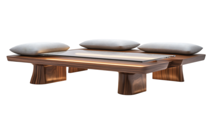 A traditional Japanese chabudai table with a glass top and LED underlighting, paired with floor cushions, isolated on white, a modern take for 2025 USA gardens, PNG format