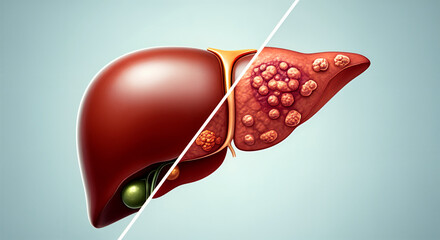 Illustration displays a healthy liver alongside a diseased liver, highlighting differences for educational insights.